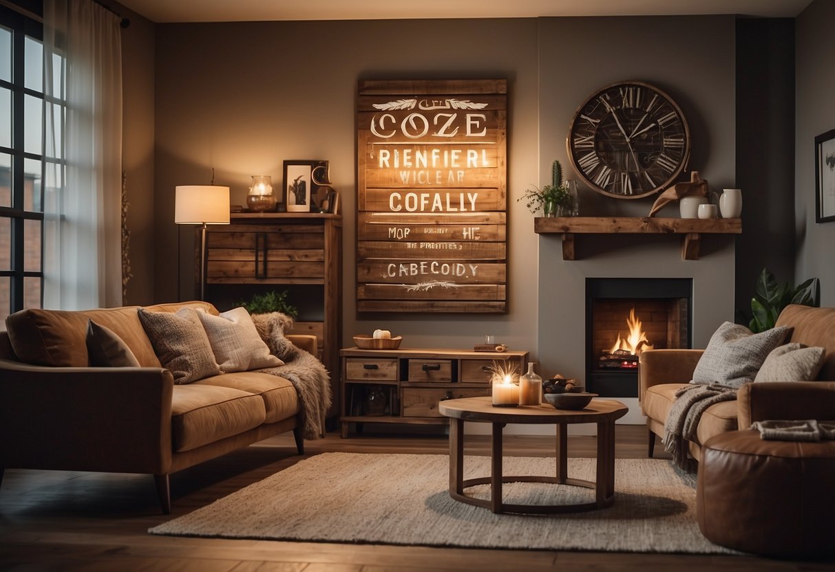 A cozy living room with a rustic wooden sign hanging on the wall. Soft lighting and comfortable furniture create a warm and inviting atmosphere