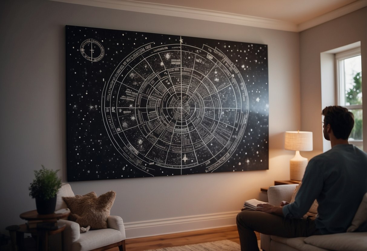 A couple admires a custom star map on their wall, surrounded by cozy home decor