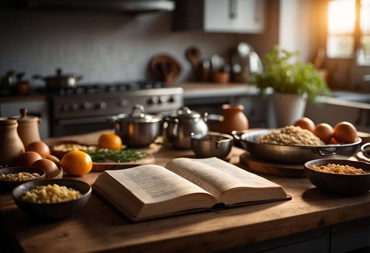 A cozy kitchen with an open recipe book, personalized with the couple's names. Surrounding the book are cooking utensils, fresh ingredients, and a warm, inviting atmosphere