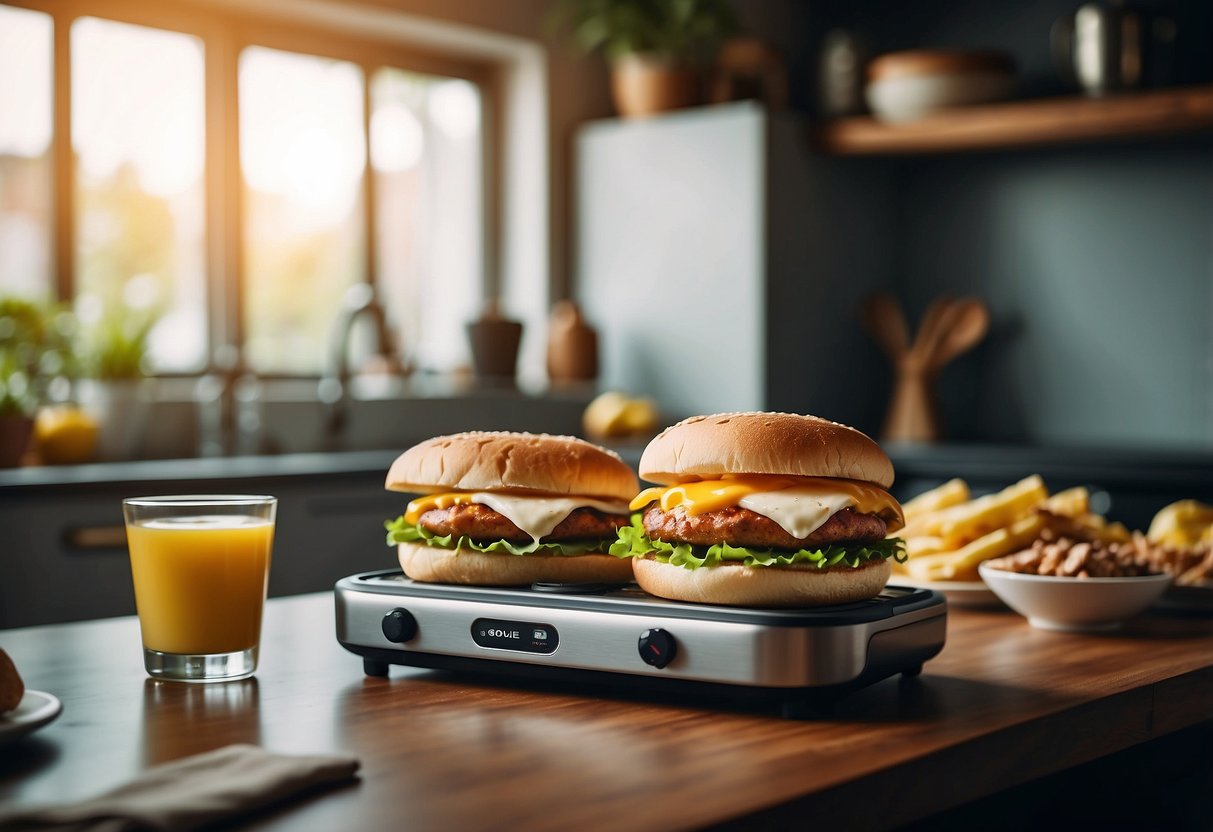 Two breakfast sandwich makers on a kitchen counter, surrounded by a modern and cozy home decor setting