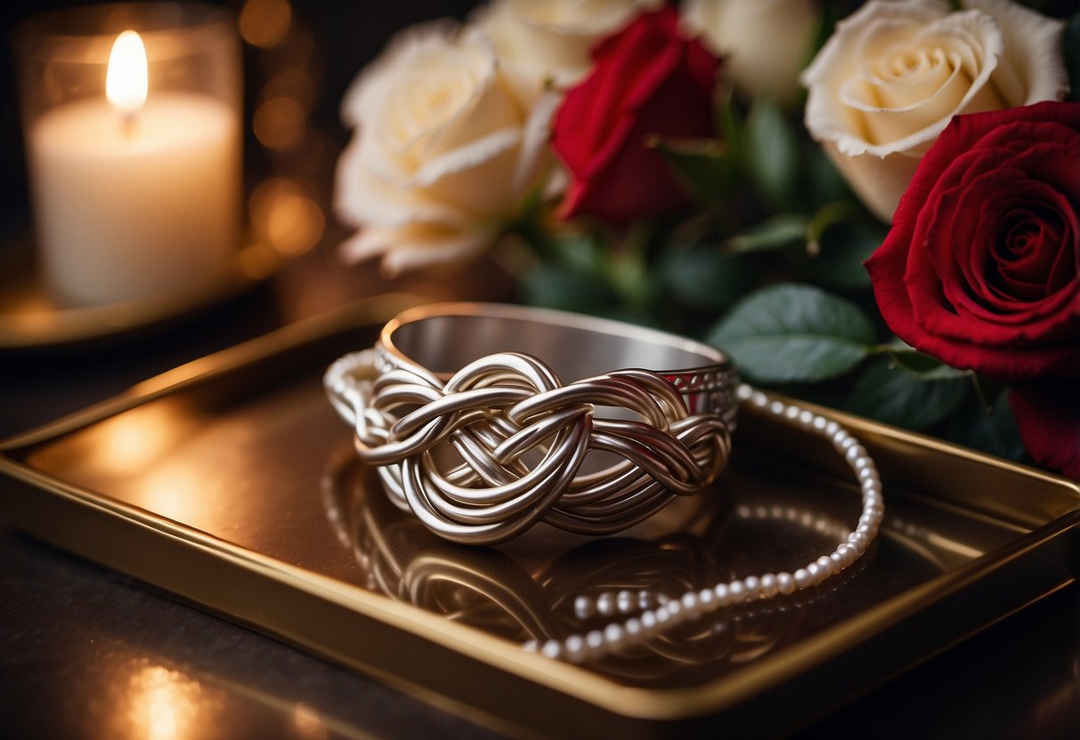 A love knot necklace set displayed on a decorative tray with soft lighting, surrounded by romantic elements like roses and candles