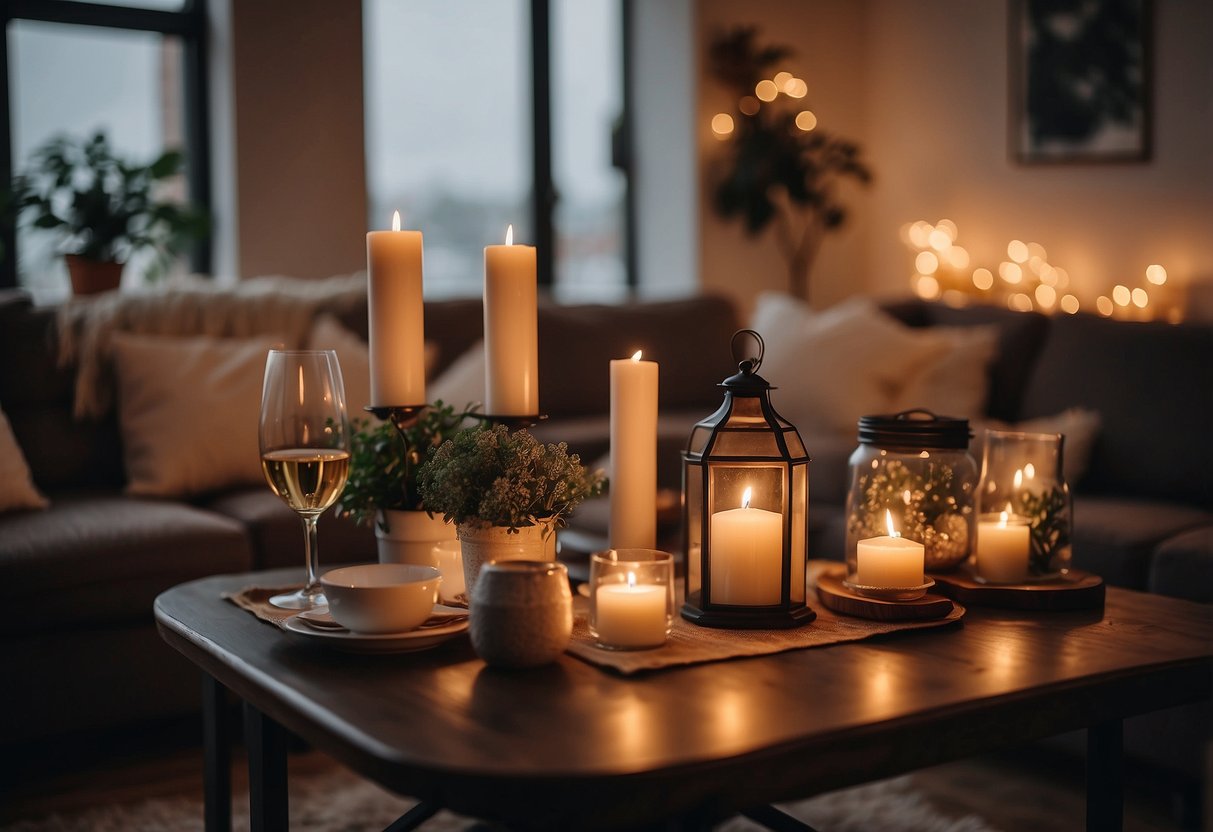 A cozy living room with a romantic ambiance, featuring a candlelit dinner table, soft ambient lighting, and a decorative bucket list display for couples