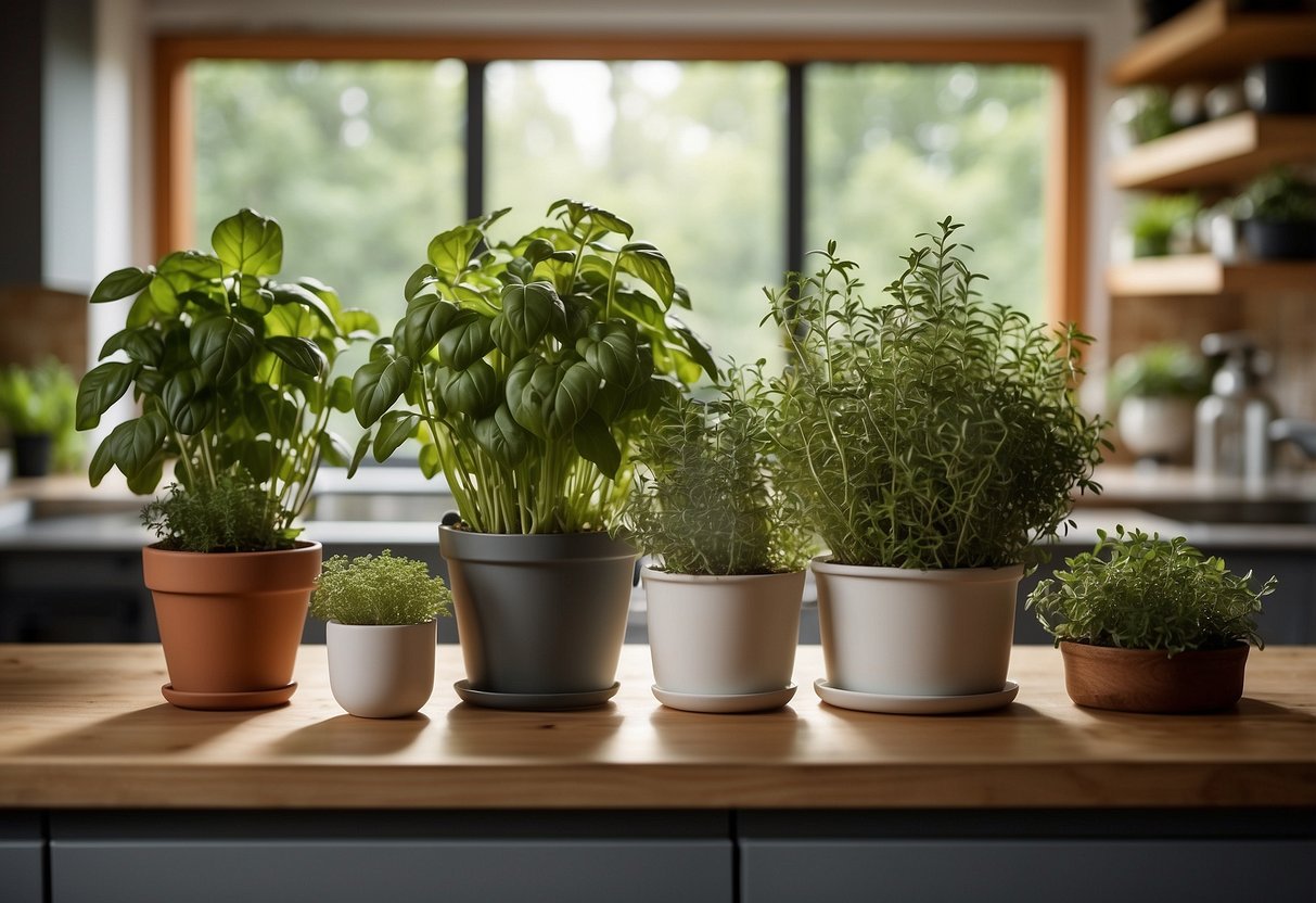 An indoor herb garden kit sits on a kitchen countertop, surrounded by pots of basil, thyme, and rosemary. A couple admires their new home decor gift, envisioning the fresh herbs enhancing their meals