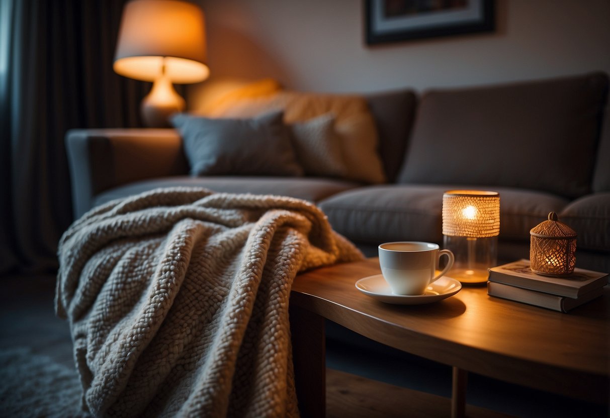 A cozy throw blanket draped over a plush sofa, with a warm cup of tea sitting on a side table. A soft glow from a lamp creates a cozy atmosphere