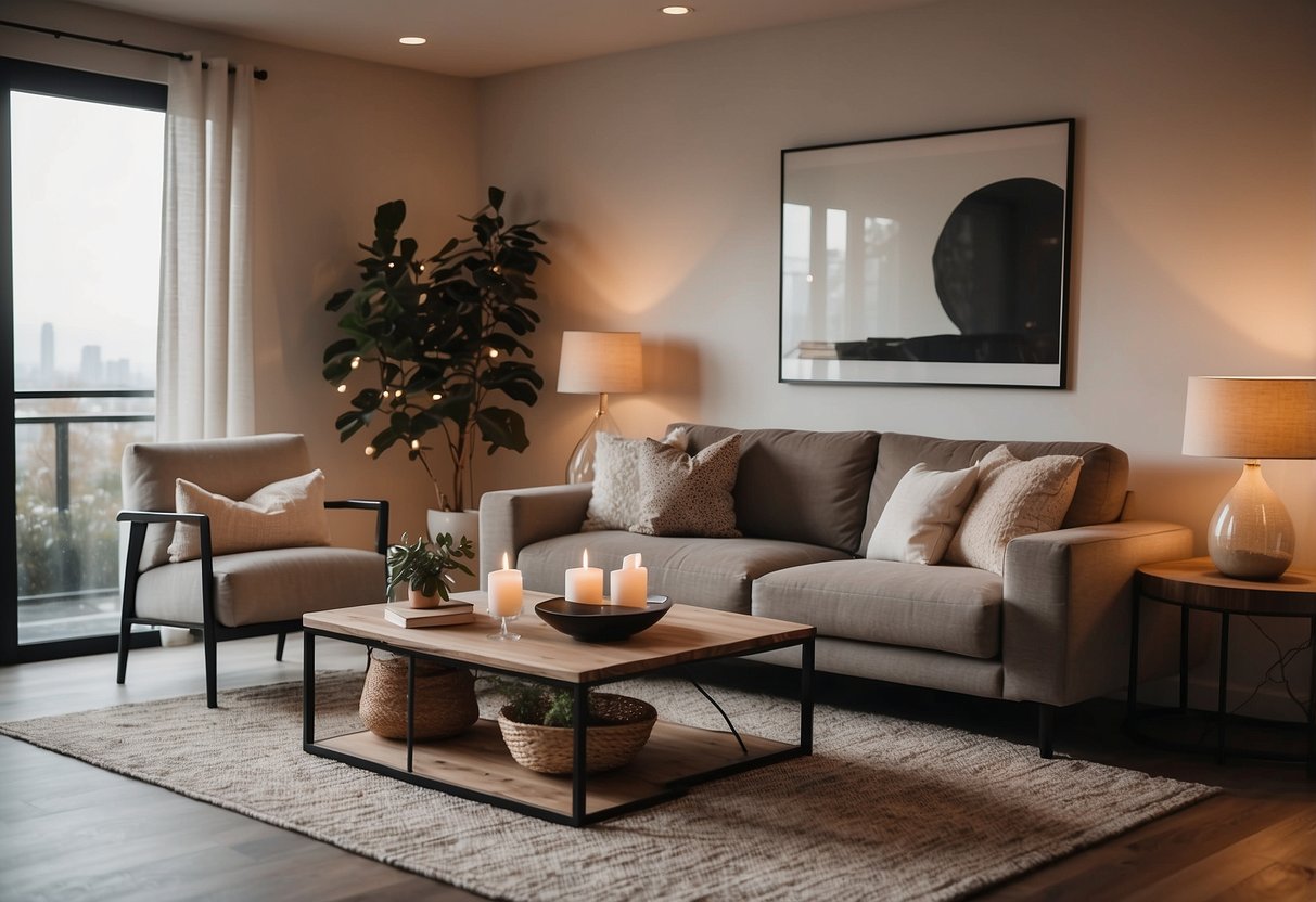 A cozy living room with modern furniture, warm lighting, and personalized decor. A mix of minimalist and rustic elements creates a stylish yet comfortable space