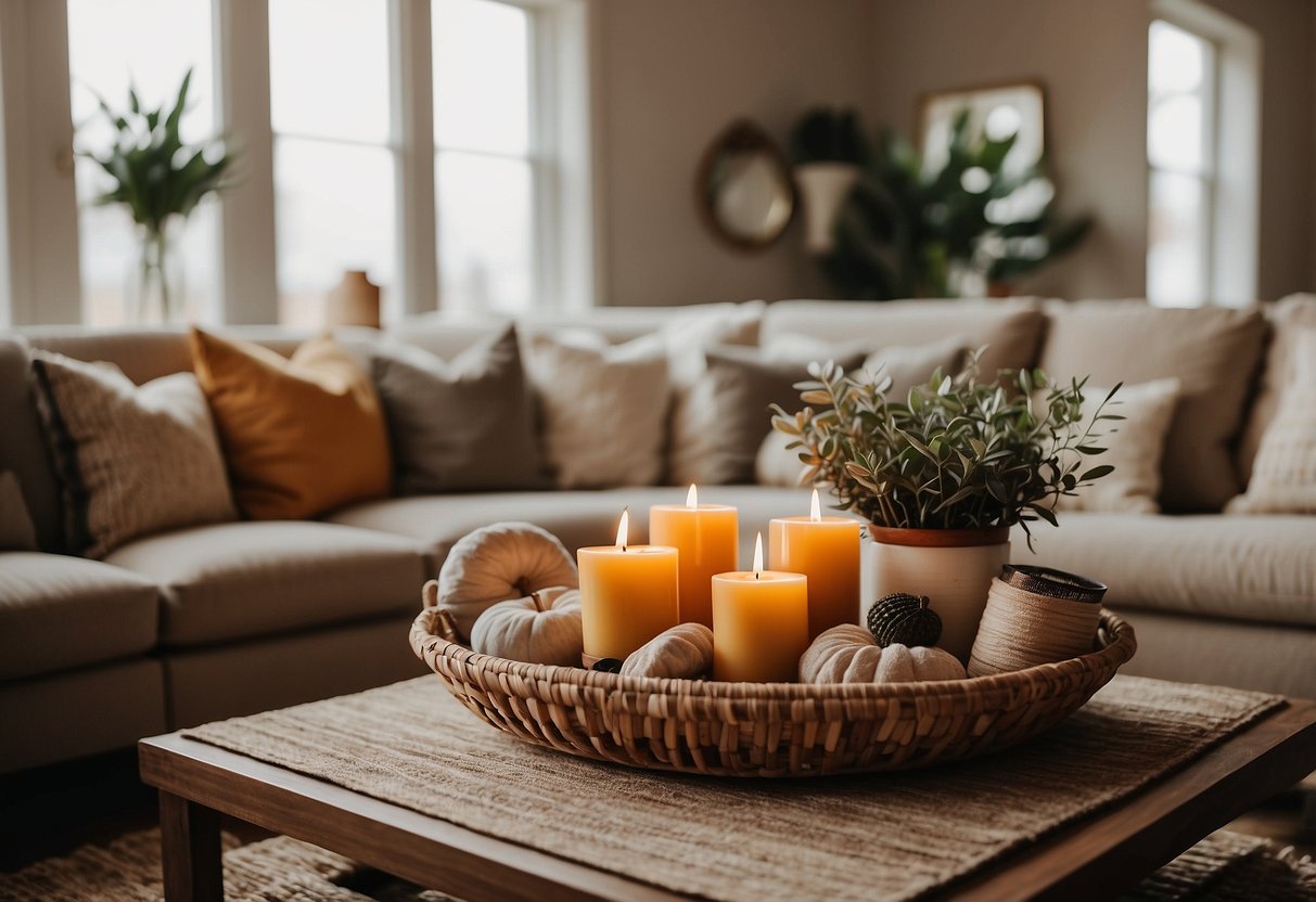 A cozy living room with warm earthy tones, textured throw pillows, and a pop of color from a statement rug. A couple's gift basket with coordinating candles and soft blankets completes the scene