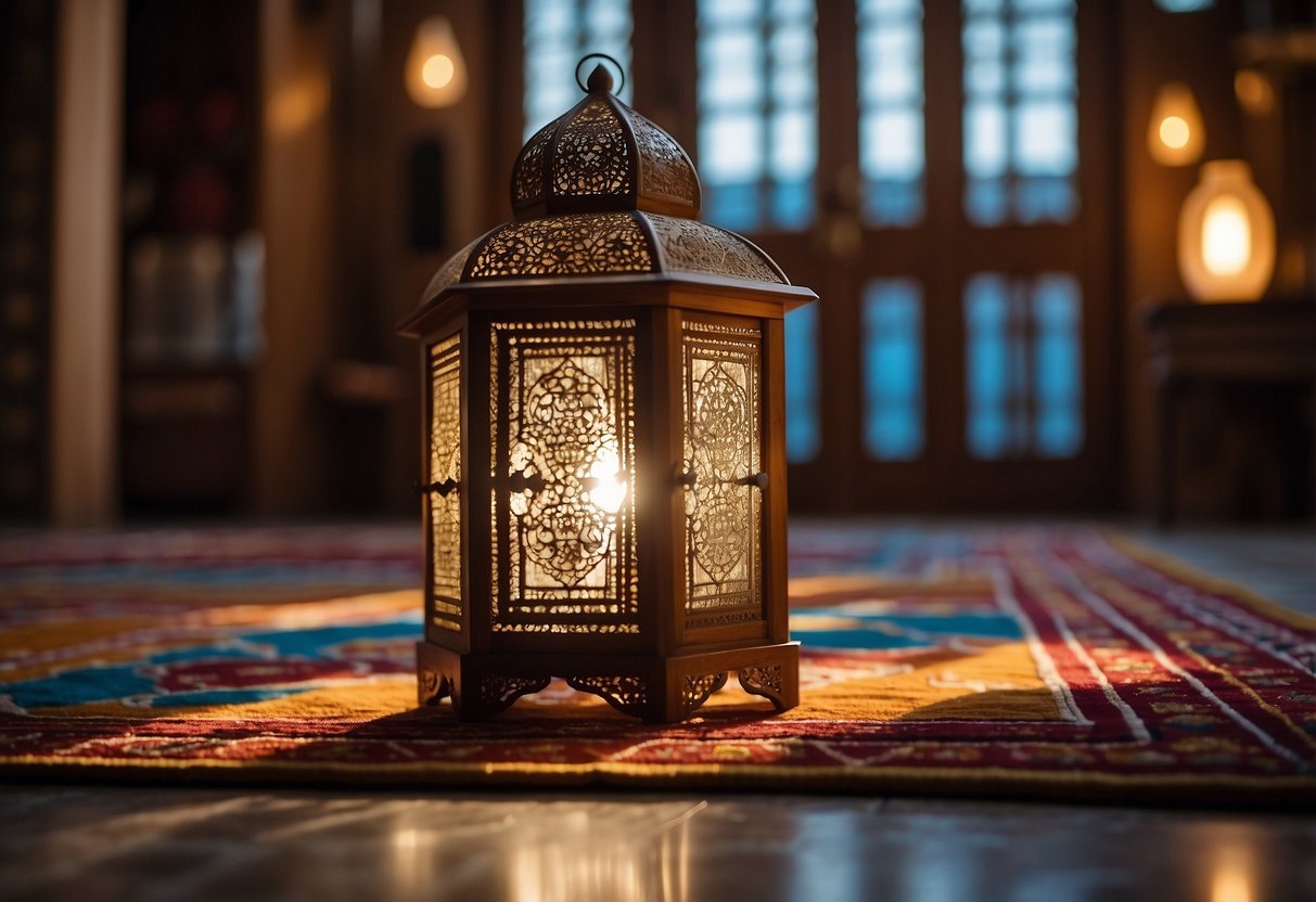 A vibrant Moroccan rug adorns a tiled floor, with ornate lanterns casting warm, patterned light. Intricately carved wooden furniture and colorful textiles complete the inviting space