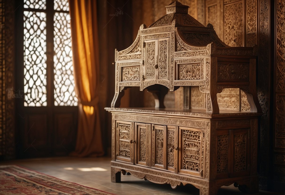 Richly carved wood furniture adorns a Moroccan-inspired room, with intricate patterns and designs adding a touch of elegance to the decor