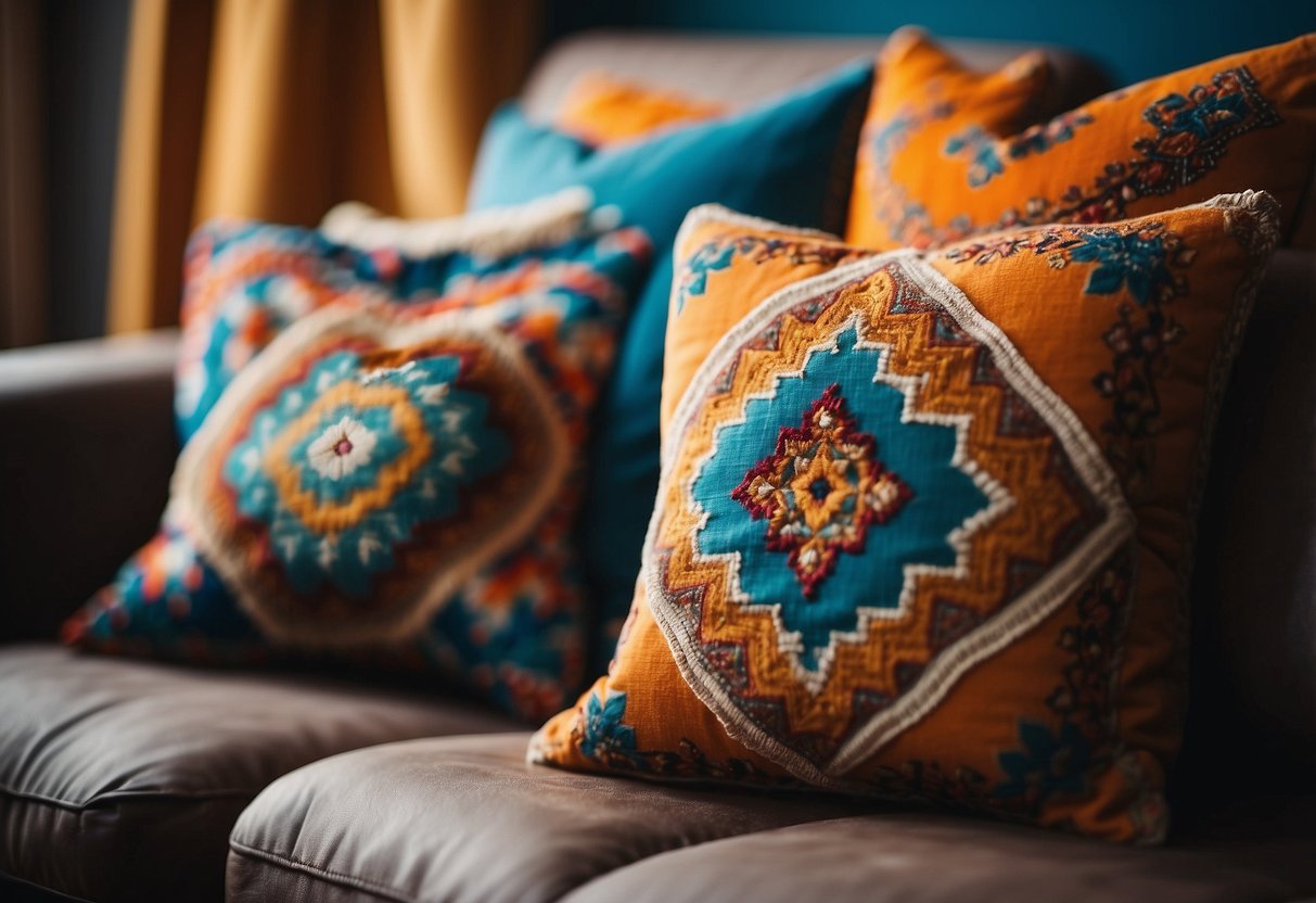 Colorful throw pillows arranged on a cozy couch in a Moroccan-inspired living room. Rich, vibrant colors and intricate patterns create a warm and inviting atmosphere