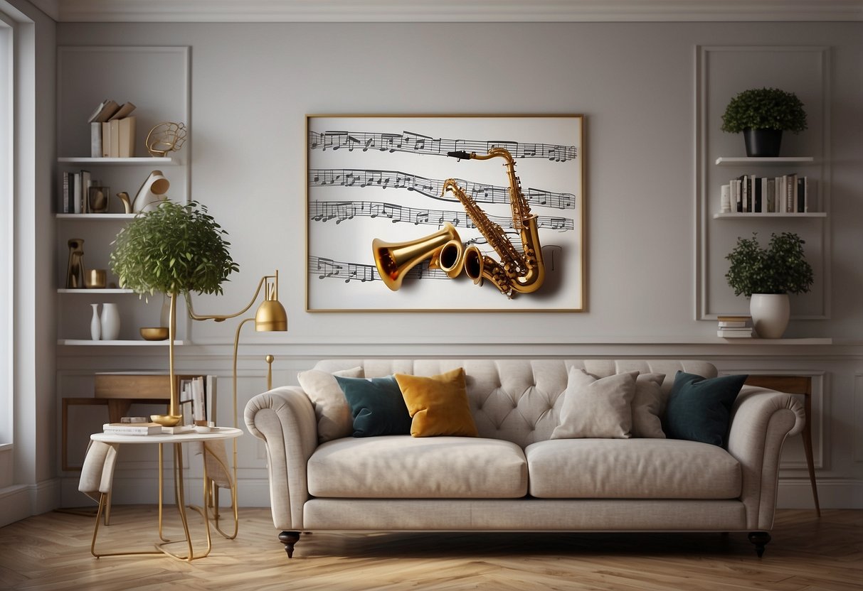 A living room with musical notes wallpaper, guitar-shaped shelves, and a piano coffee table. An art print of a saxophone hangs on the wall