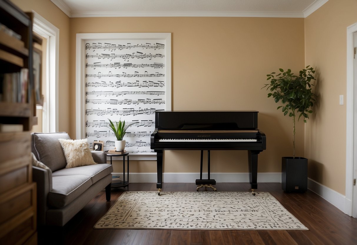 A living room with musical notes as wall decals, a piano-themed area rug, and a bookshelf filled with sheet music and musical instruments