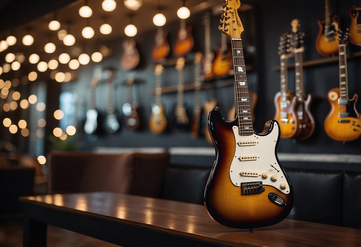 An electric guitar hangs on a wall surrounded by music-themed decor, creating a stylish and artistic home display