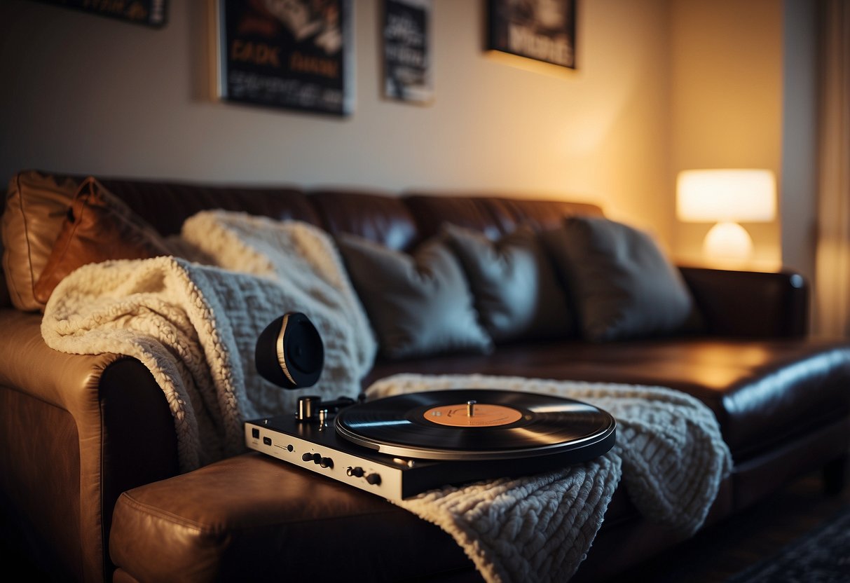 A cozy living room with a music note throw blanket draped over a plush sofa, surrounded by vintage vinyl records and framed concert posters