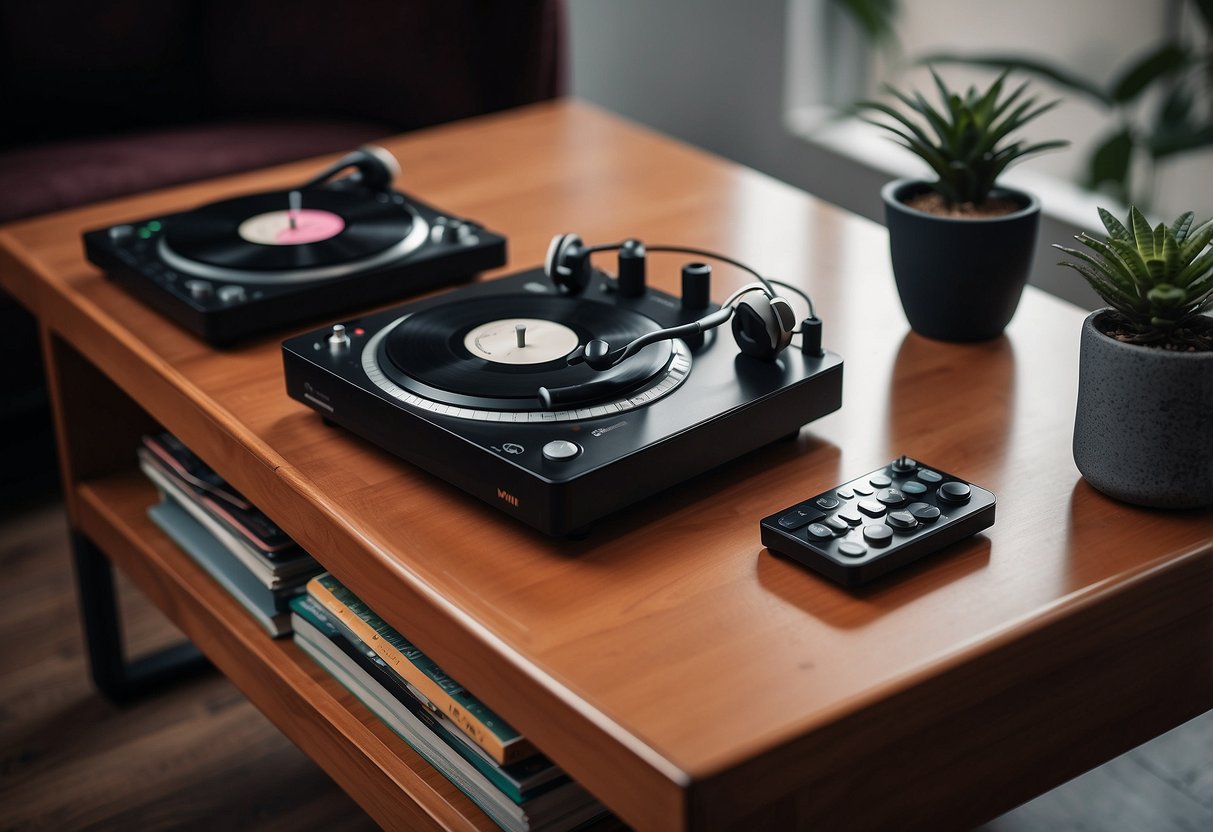 Colorful MIDI controller coasters arranged on a sleek coffee table with headphones and vinyl records in the background