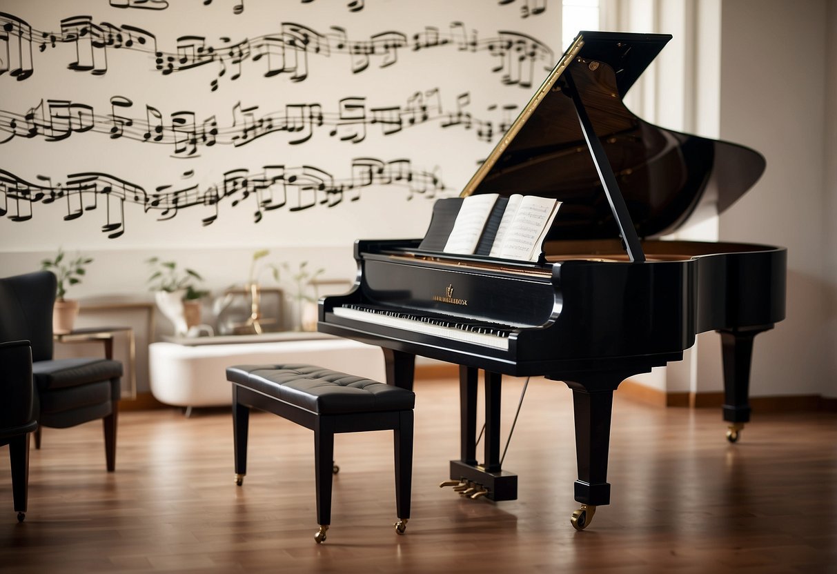 A piano key runner rug lies in front of a grand piano, surrounded by musical notes and instruments, creating a harmonious music-themed home decor