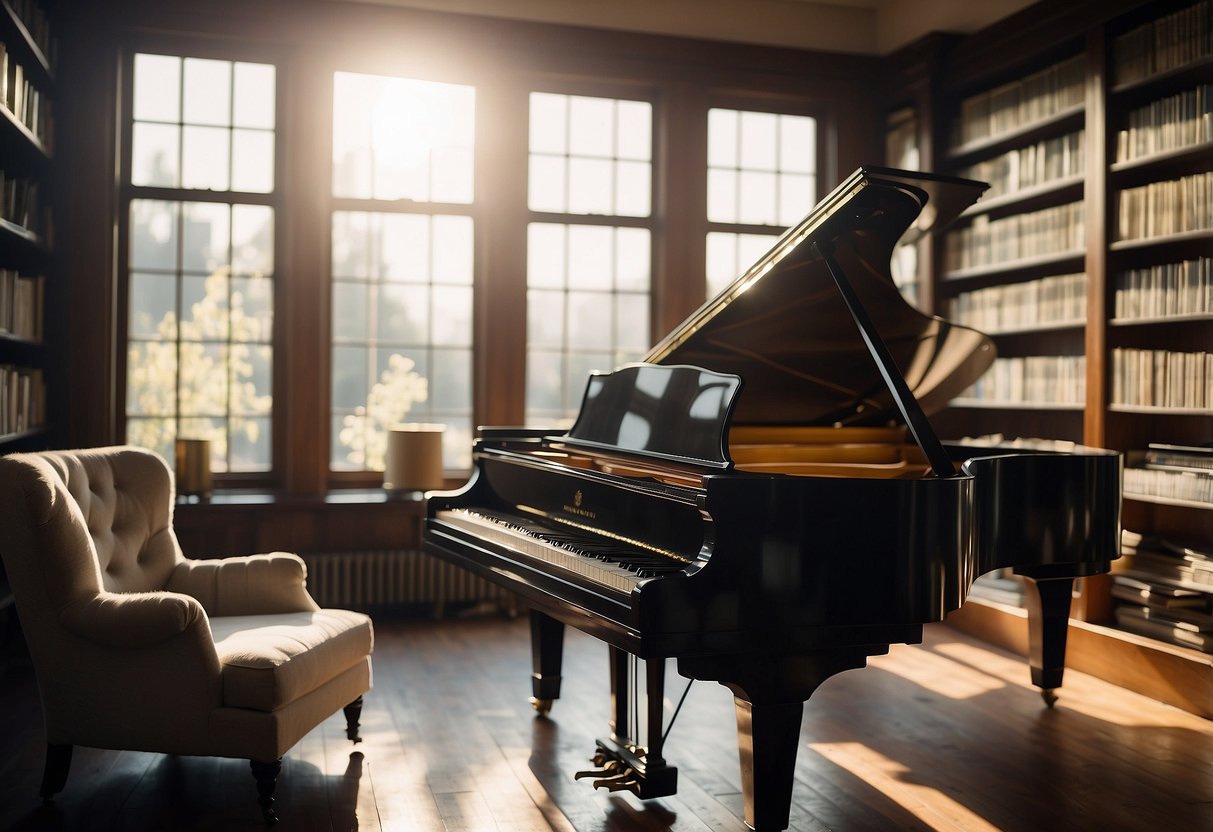 A grand piano sits in a sunlit room, surrounded by shelves of vintage records and framed sheet music. A cozy armchair invites listeners to immerse themselves in the melodies that fill the space