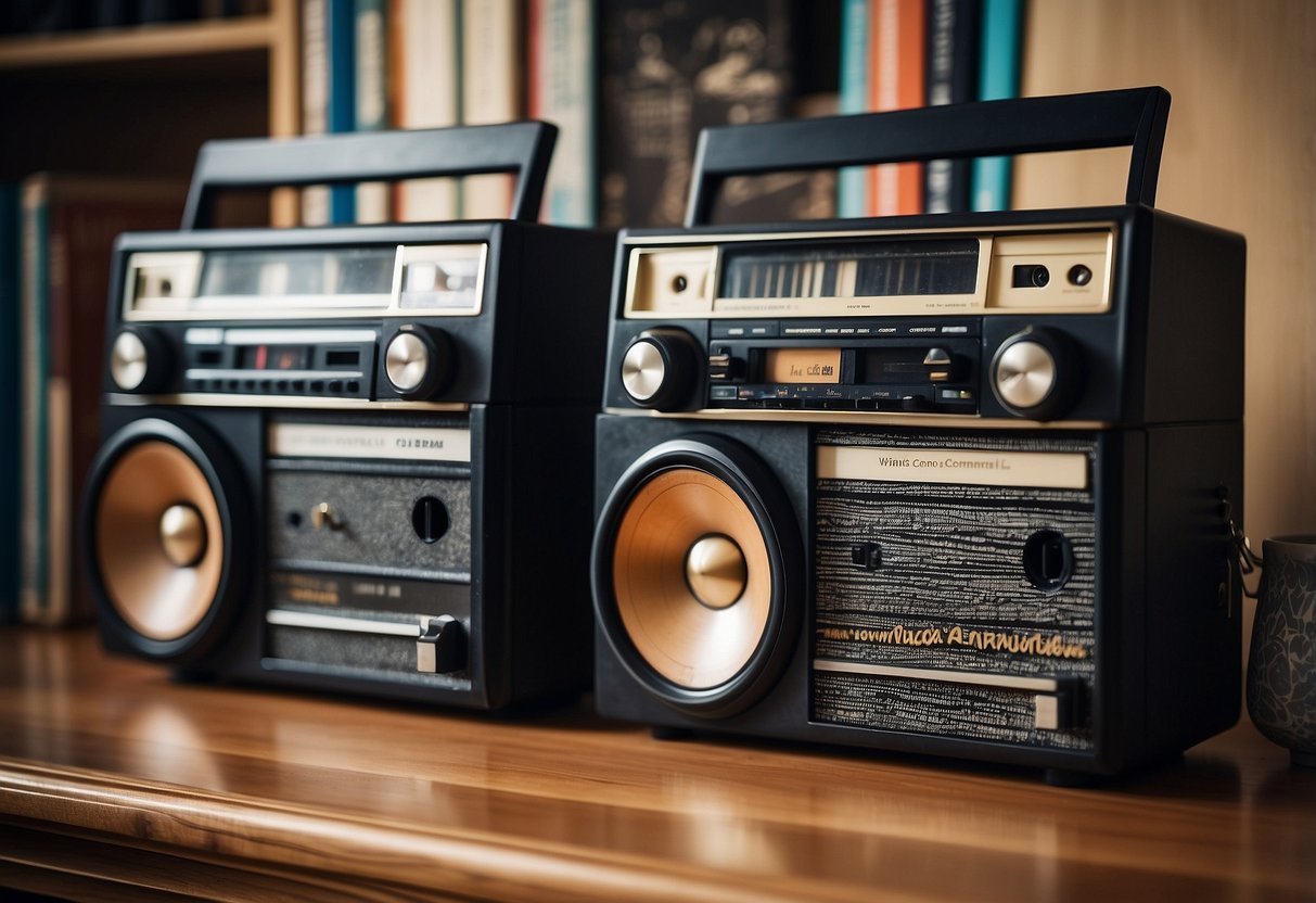 Two retro boombox bookends sit on a shelf, surrounded by vintage vinyl records and cassette tapes, creating a nostalgic music-themed home decor