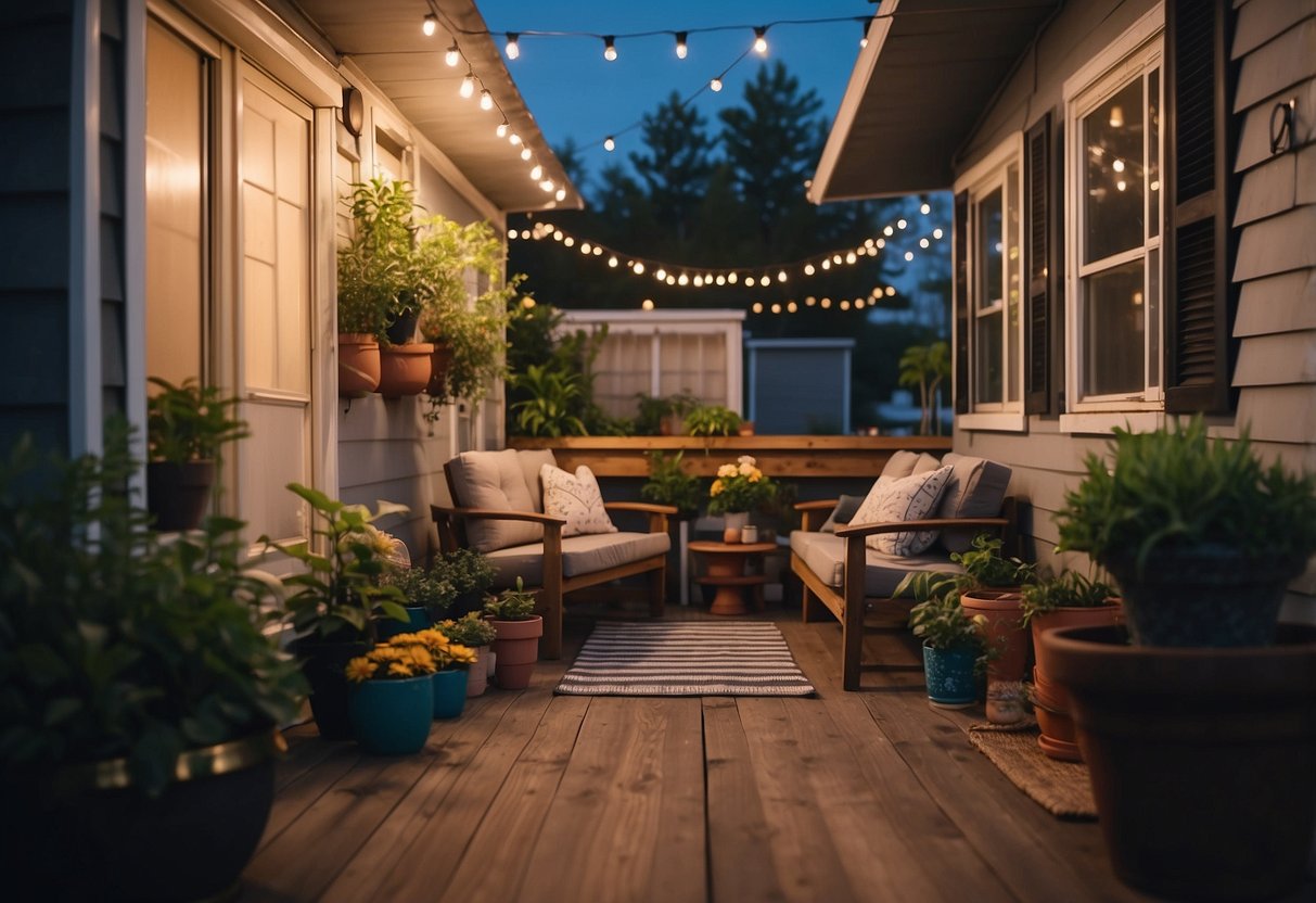 A cozy mobile home porch with potted plants, hanging string lights, and comfortable outdoor furniture