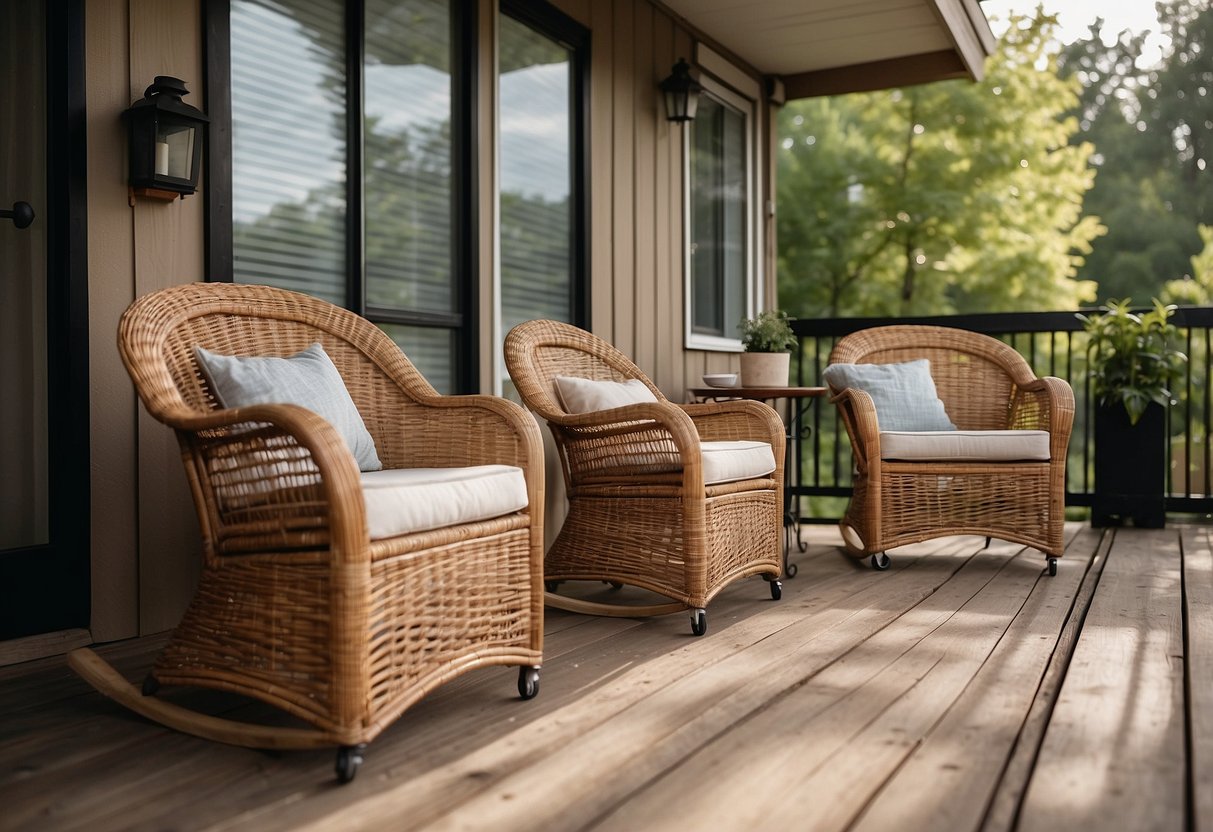 A wicker furniture set adorns a mobile home porch, creating a cozy and inviting outdoor space