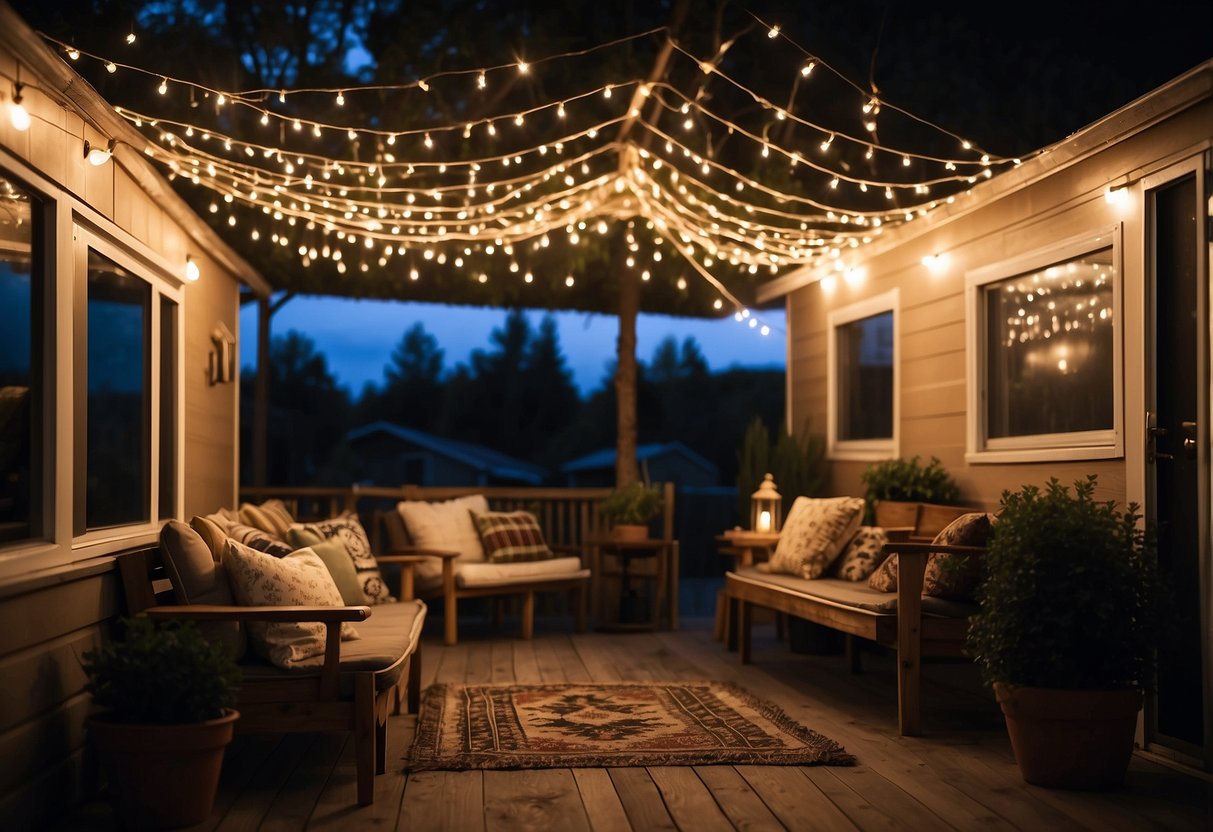 A cozy mobile home porch adorned with string lights, creating a warm and inviting atmosphere for outdoor relaxation and entertainment