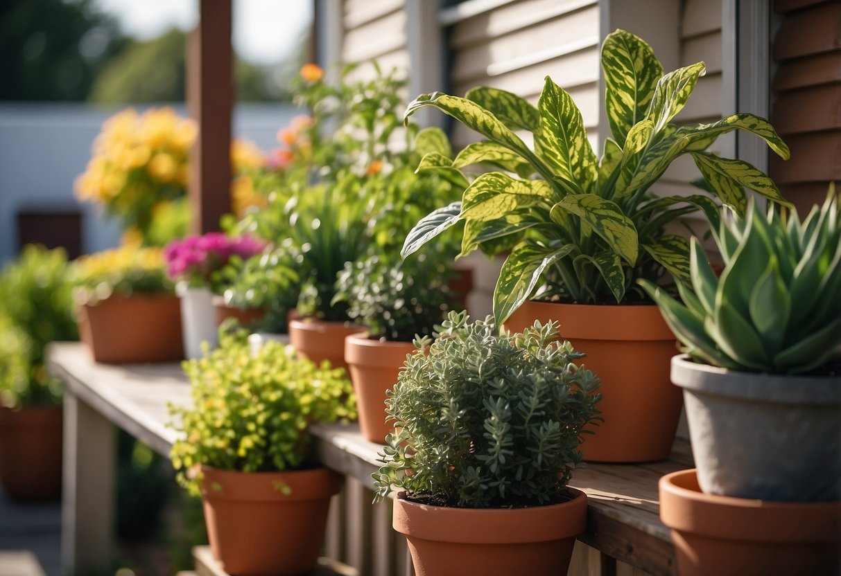 Several potted plants arranged on a mobile home porch, with varying heights and colors, creating a visually appealing decor idea