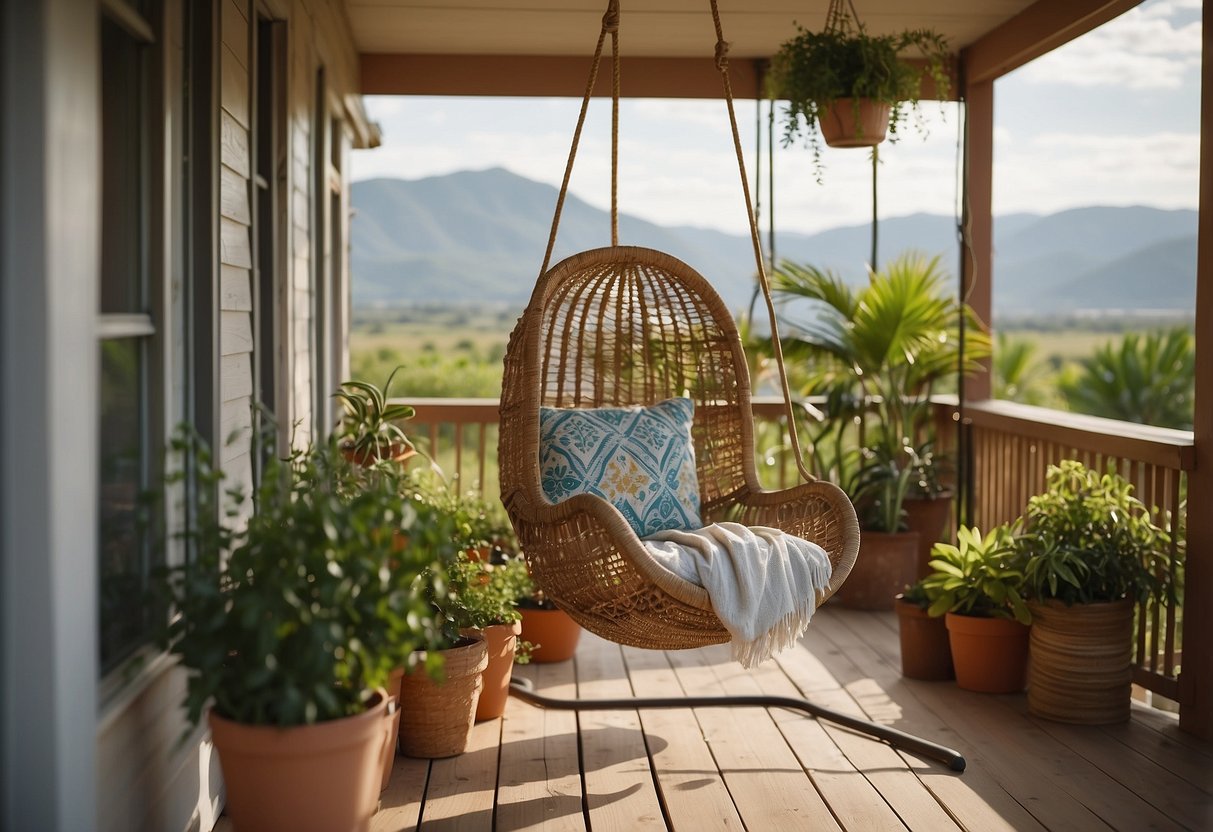 A hanging swing chair on a mobile home porch, surrounded by potted plants and colorful decor, with a view of the peaceful countryside