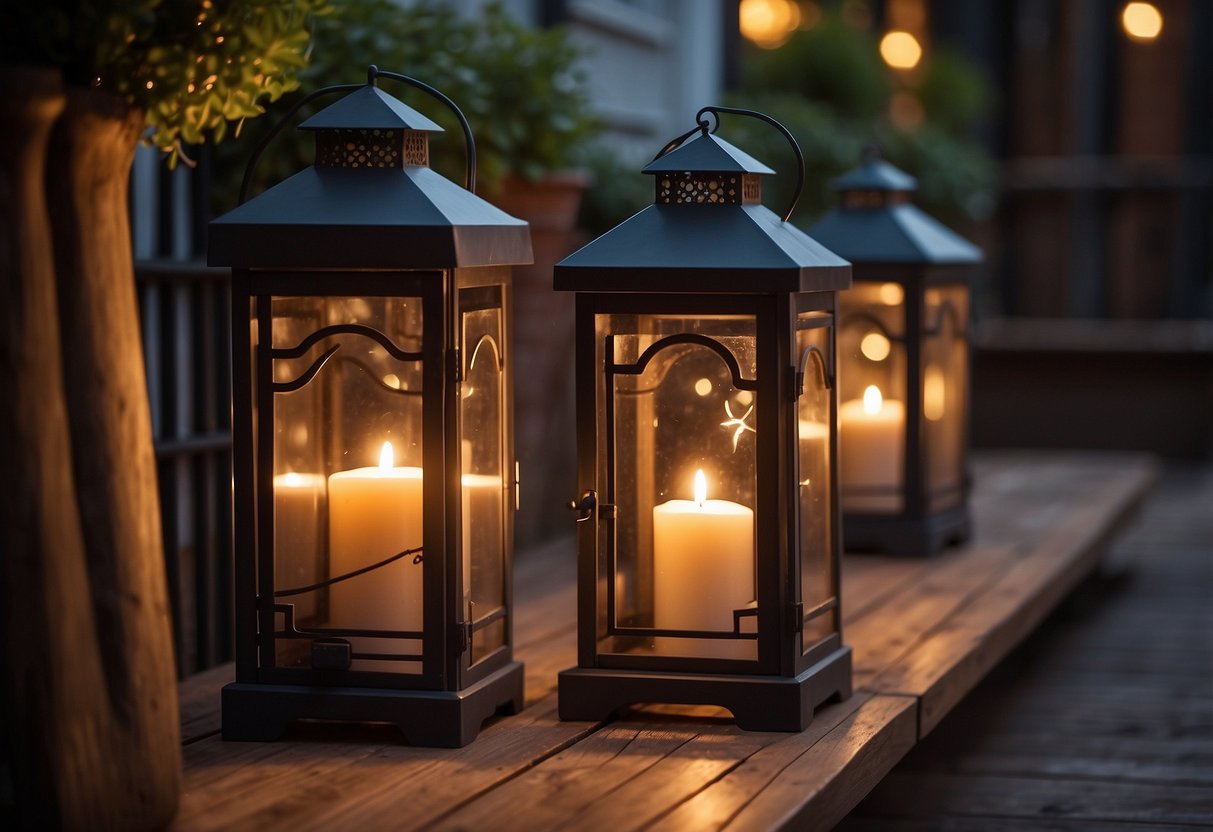 A porch adorned with rustic lanterns, casting a warm glow in the evening. Twinkling lights create a cozy atmosphere for outdoor living