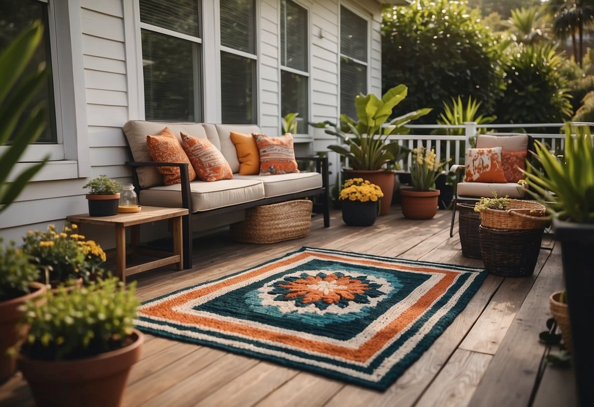 A colorful outdoor area rug adorns the mobile home porch, surrounded by potted plants and comfortable seating, creating a cozy and inviting outdoor space