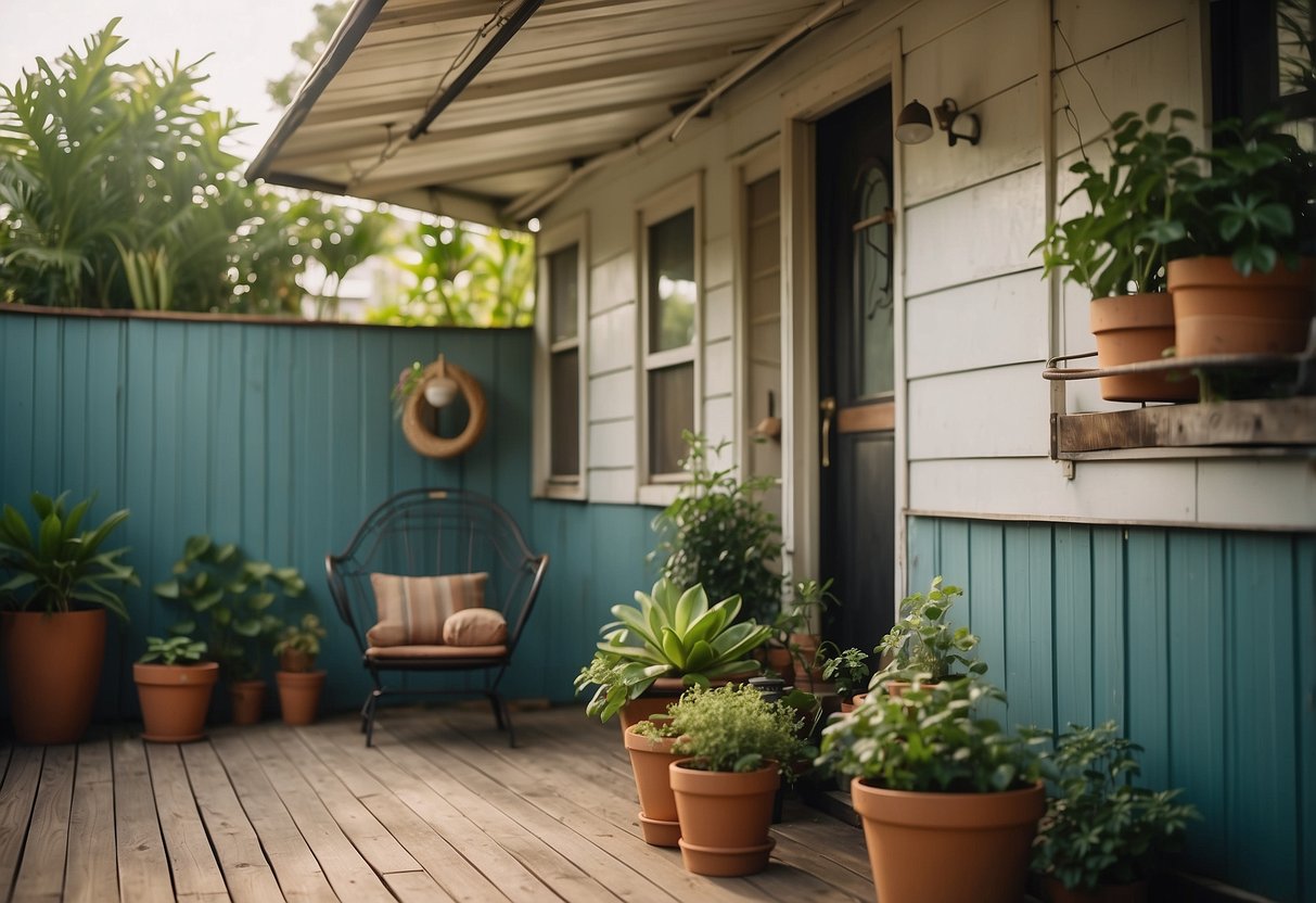 A vintage metal sign hangs on a mobile home porch, surrounded by potted plants and a cozy seating area