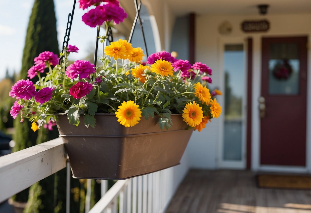 A colorful flower box hangs from the railing of a mobile home porch, filled with vibrant seasonal blooms in full bloom