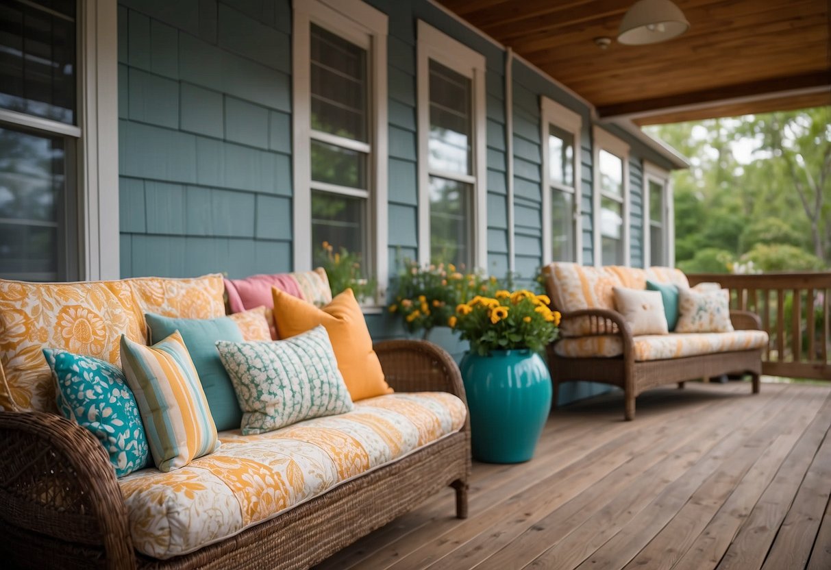 Colorful throw pillows adorn a cozy mobile home porch, creating a welcoming and stylish outdoor space