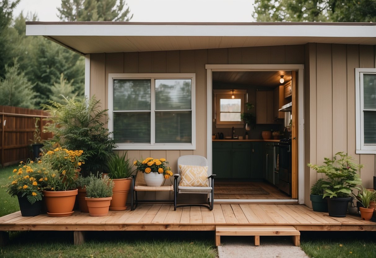 A cozy mobile home porch with earthy tones and pops of vibrant colors in the decor. A mix of natural materials and plants create a welcoming and relaxing atmosphere