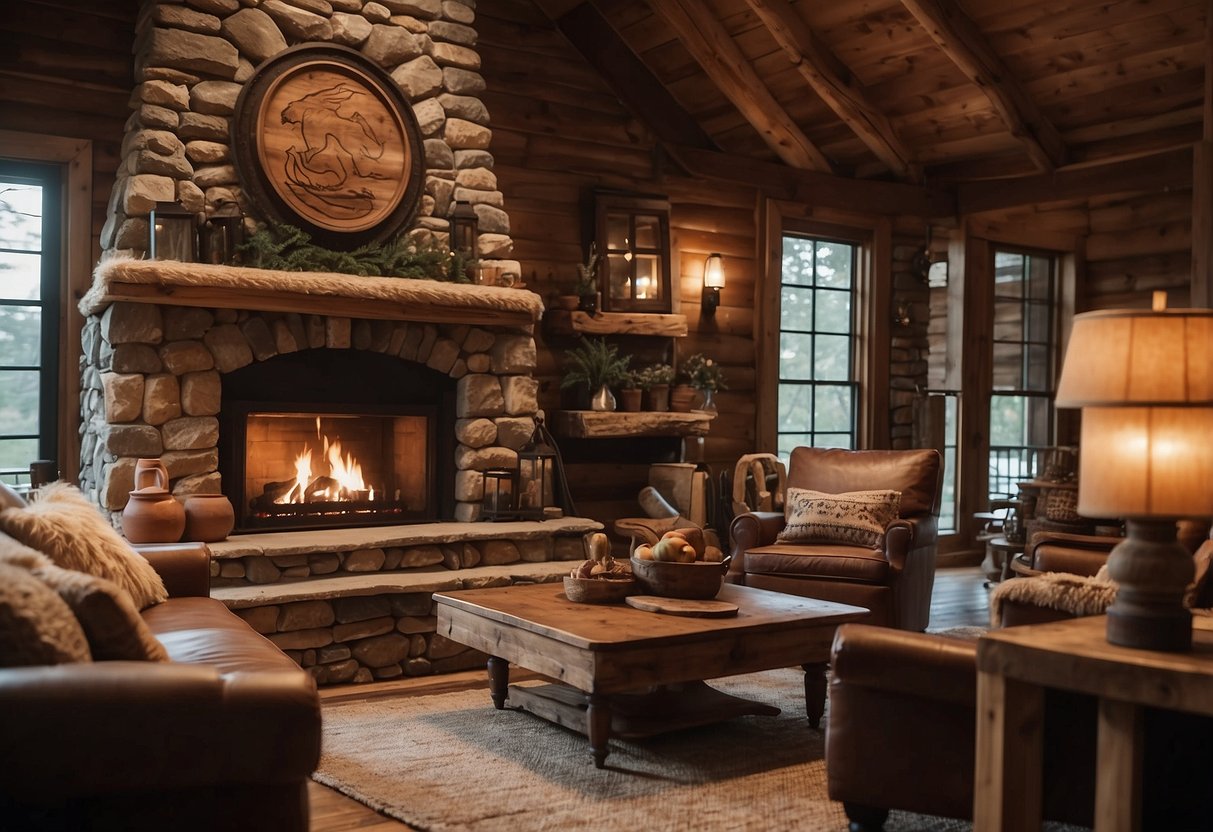 A cozy cabin with wooden furniture, animal hide rugs, and handcrafted pottery. A stone fireplace crackles, casting a warm glow over the rustic space