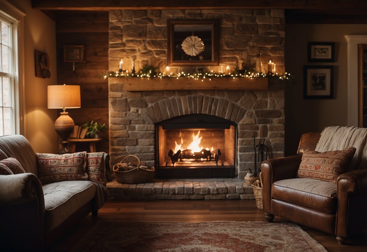 A cozy living room with vintage quilts draped over rustic furniture, warm lighting, and a crackling fireplace