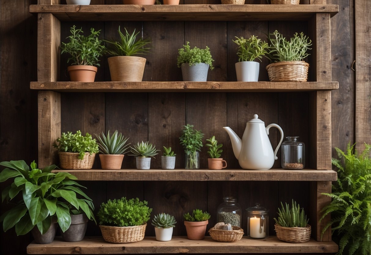 Reclaimed barnwood shelves display rustic charm with vintage items, plants, and woven baskets, creating a cozy and inviting primitive home decor setting