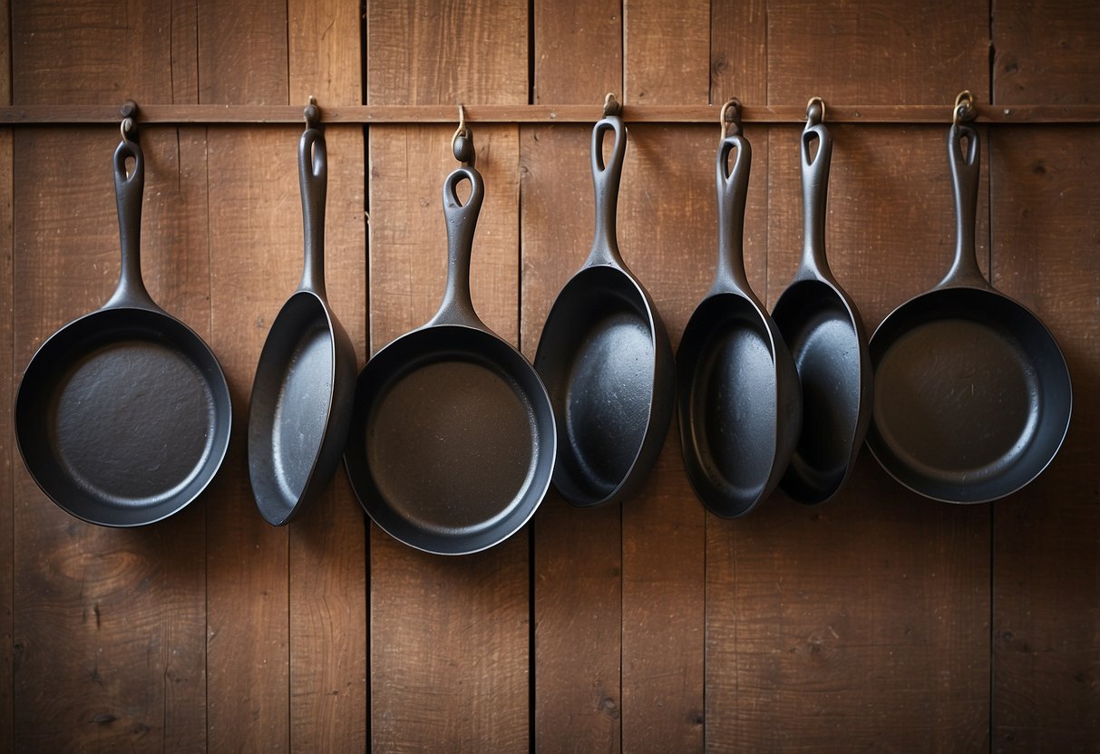 A row of cast iron skillets hang on a weathered wooden wall, surrounded by rustic kitchen utensils and vintage farmhouse decor