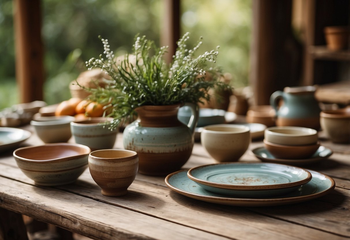 A rustic table adorned with hand-painted ceramic vases, plates, and bowls. A cozy, primitive home decor setting with earthy tones and natural textures