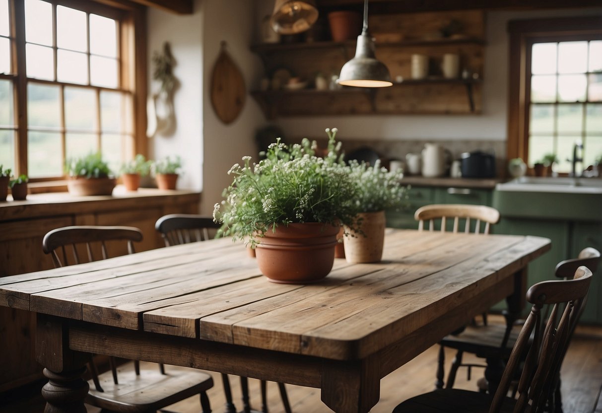 A weathered farmhouse table sits in a rustic kitchen, surrounded by vintage chairs and adorned with simple, earthy decor