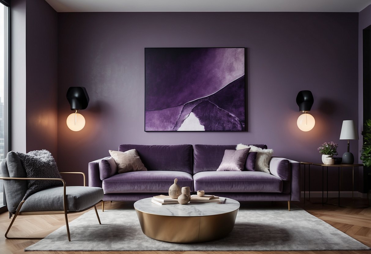 A cozy living room with a plush purple sofa, matching throw pillows, and a statement wall adorned with abstract purple art