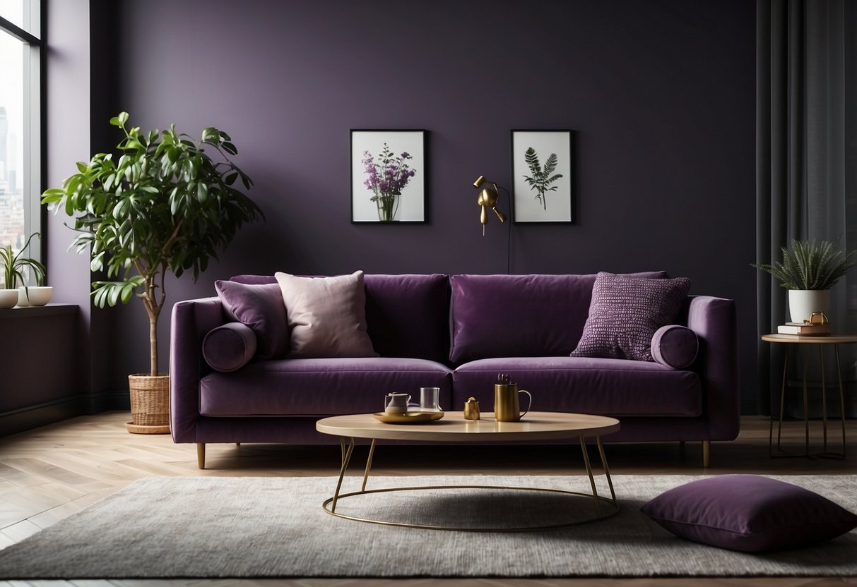 A cozy living room with a plush sofa adorned with plum throw pillows. The pillows add a pop of rich purple to the room's decor