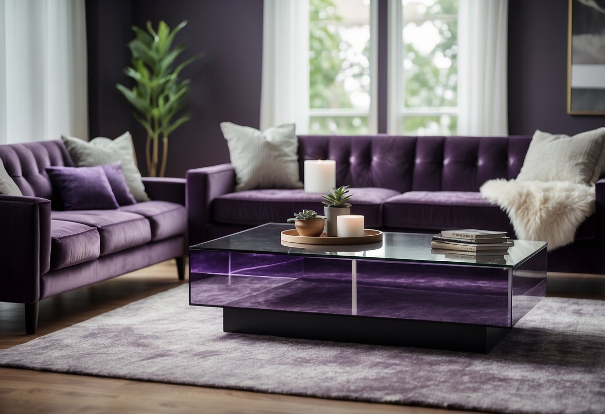 A sleek amethyst coffee table sits in a modern living room, surrounded by plush purple accents and decorative items