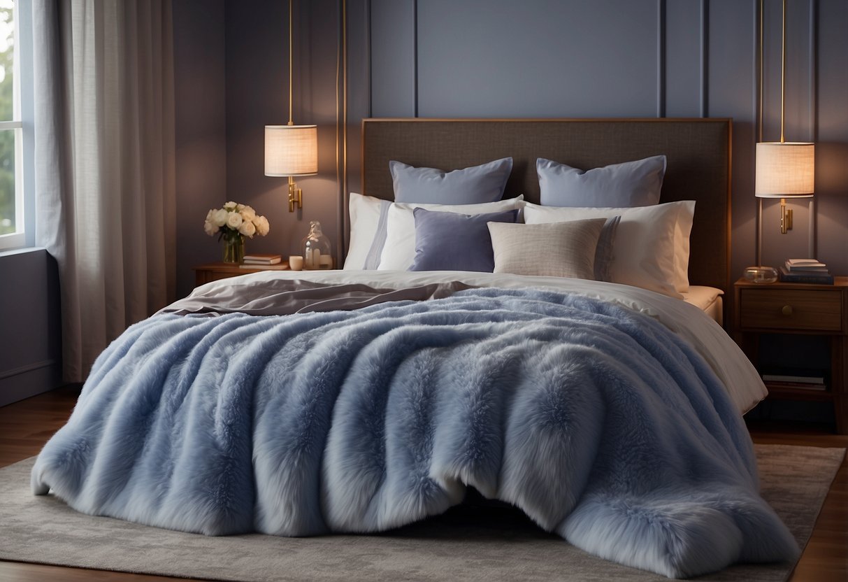 A cozy bedroom with periwinkle bedding, matching throw pillows, and a soft, plush rug. The room is illuminated by warm, soft lighting, creating a serene and inviting atmosphere