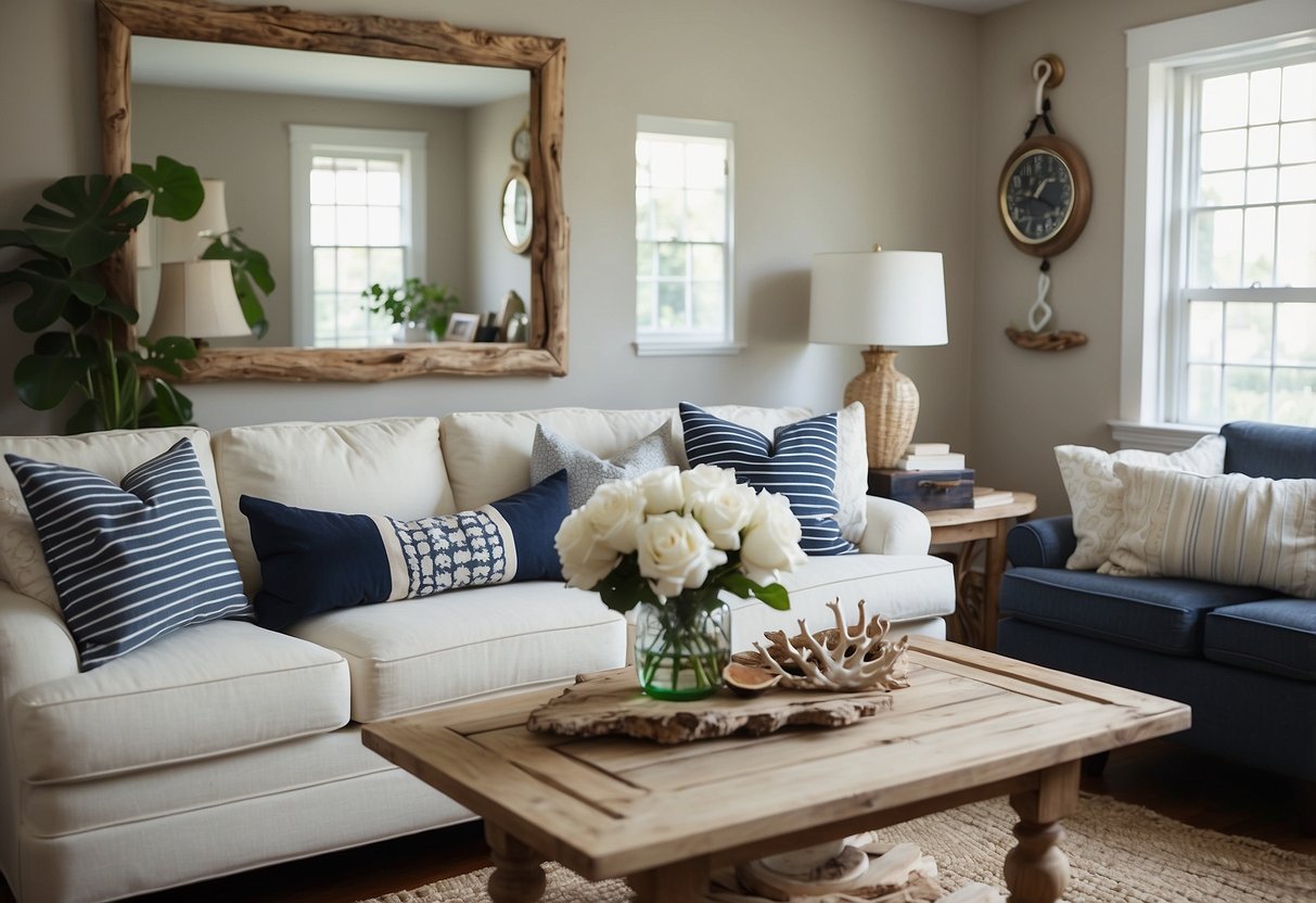 A cozy living room with nautical accents, including a large driftwood mirror, striped throw pillows, and a seashell centerpiece on the coffee table