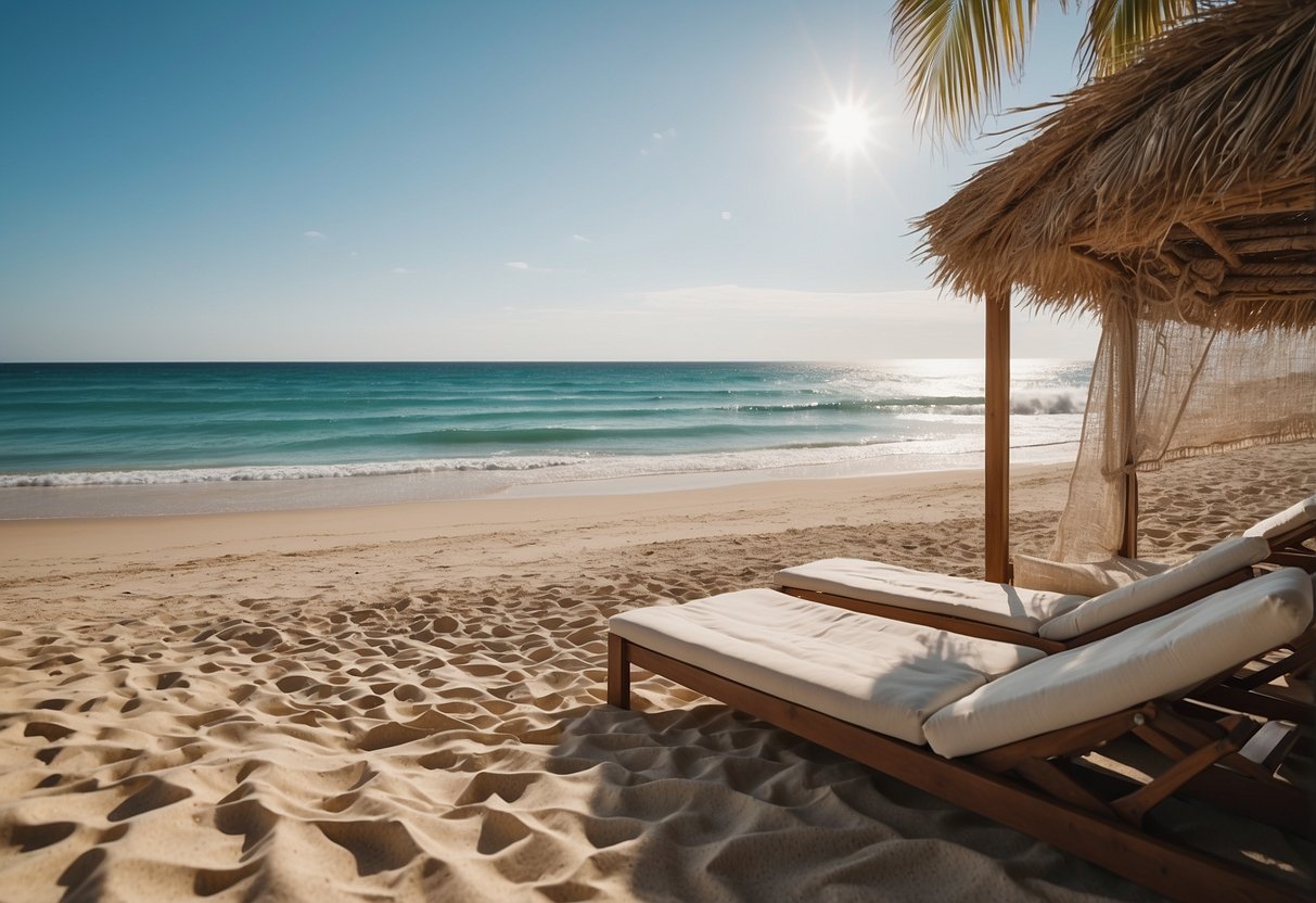 A serene beach scene with woven wall art hanging in a vacation home, with soft sand, gentle waves, and a clear blue sky