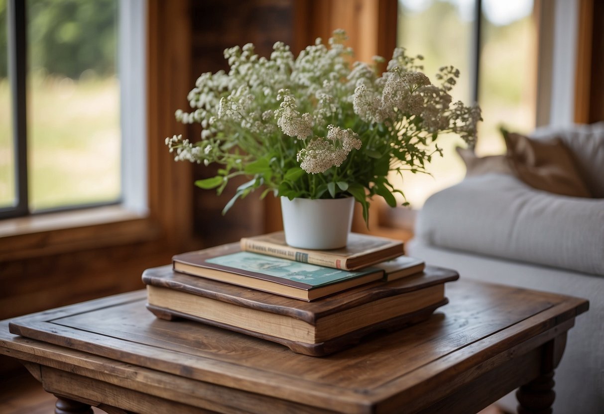 A rustic wooden coffee table sits in a cozy vacation home, adorned with a woven tray, a stack of books, and a vase of wildflowers