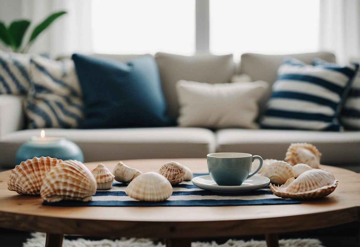 A cozy living room with nautical-themed throw pillows scattered on a plush sofa, a striped rug, and a wooden coffee table with seashell decor