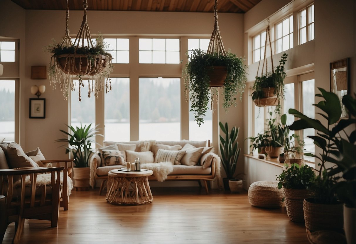 A cozy vacation home adorned with bohemian macramé plant hangers, adding a touch of natural elegance to the space