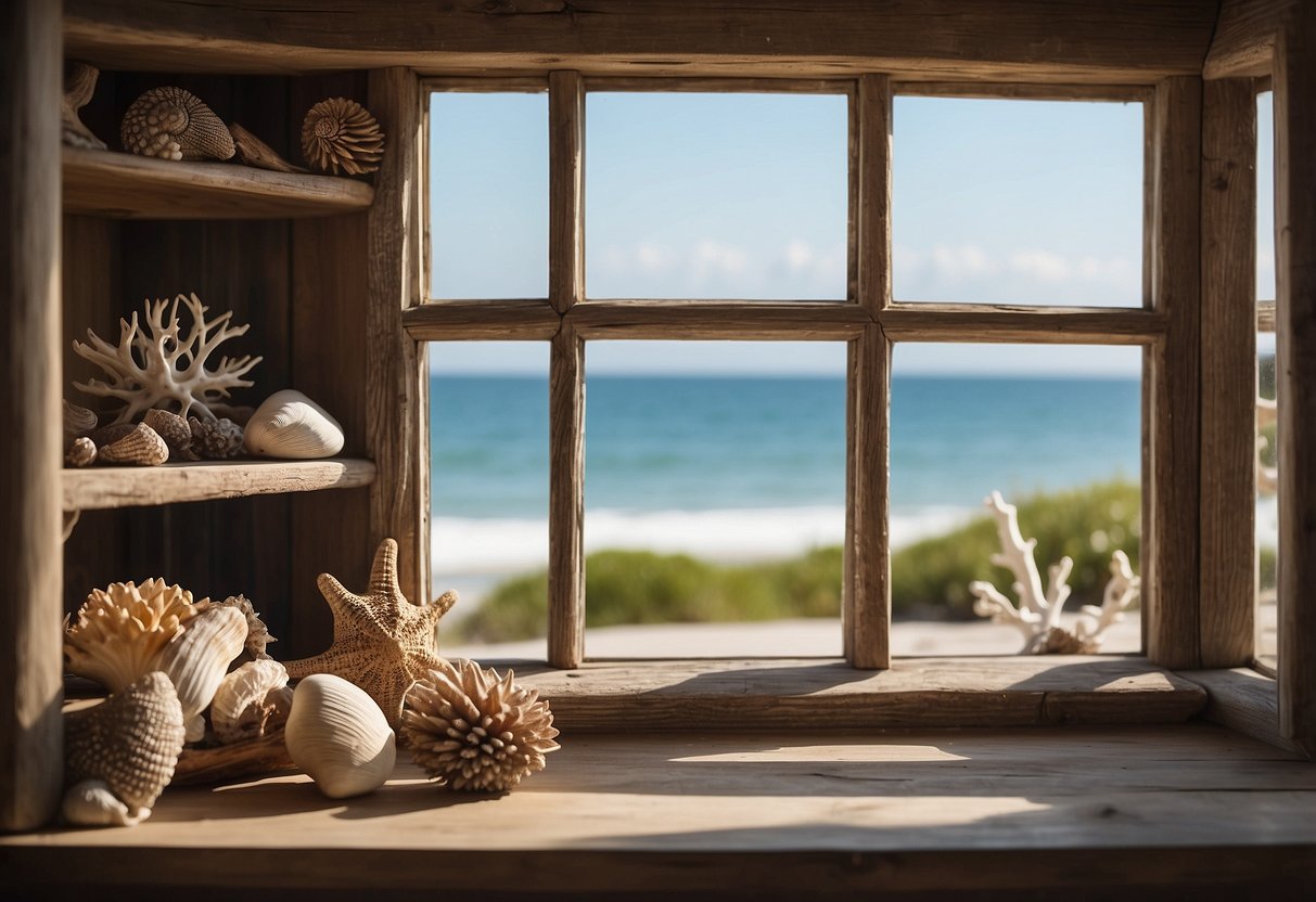 A coastal driftwood mirror hangs above a weathered wooden table, reflecting the serene ocean view through the open window. Seashells and coral adorn the surrounding shelves, adding a touch of beach-inspired decor