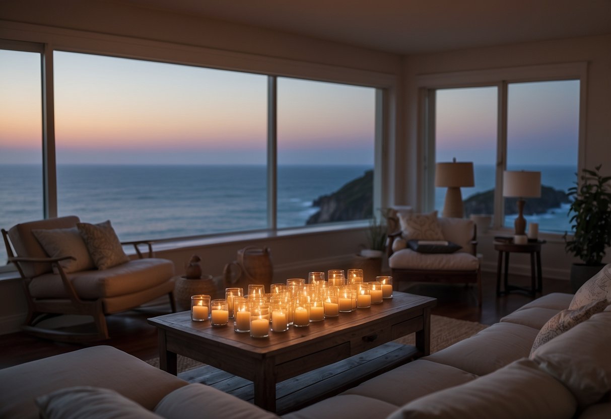 A cozy living room with a panoramic view of the ocean, adorned with seaside scented candles, creating a tranquil and relaxing atmosphere