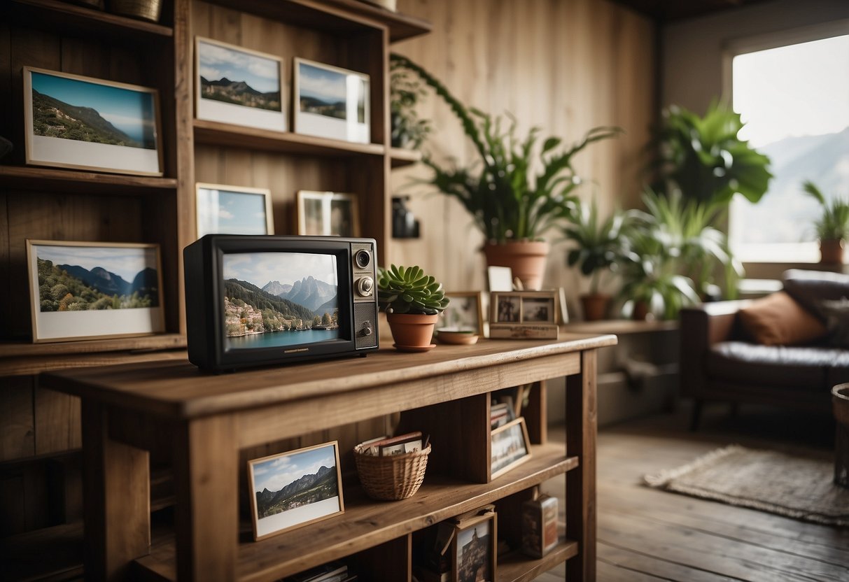 A cozy living room with a rustic wooden shelf displaying retro Polaroid photos of scenic vacation spots, surrounded by vintage travel souvenirs and potted plants